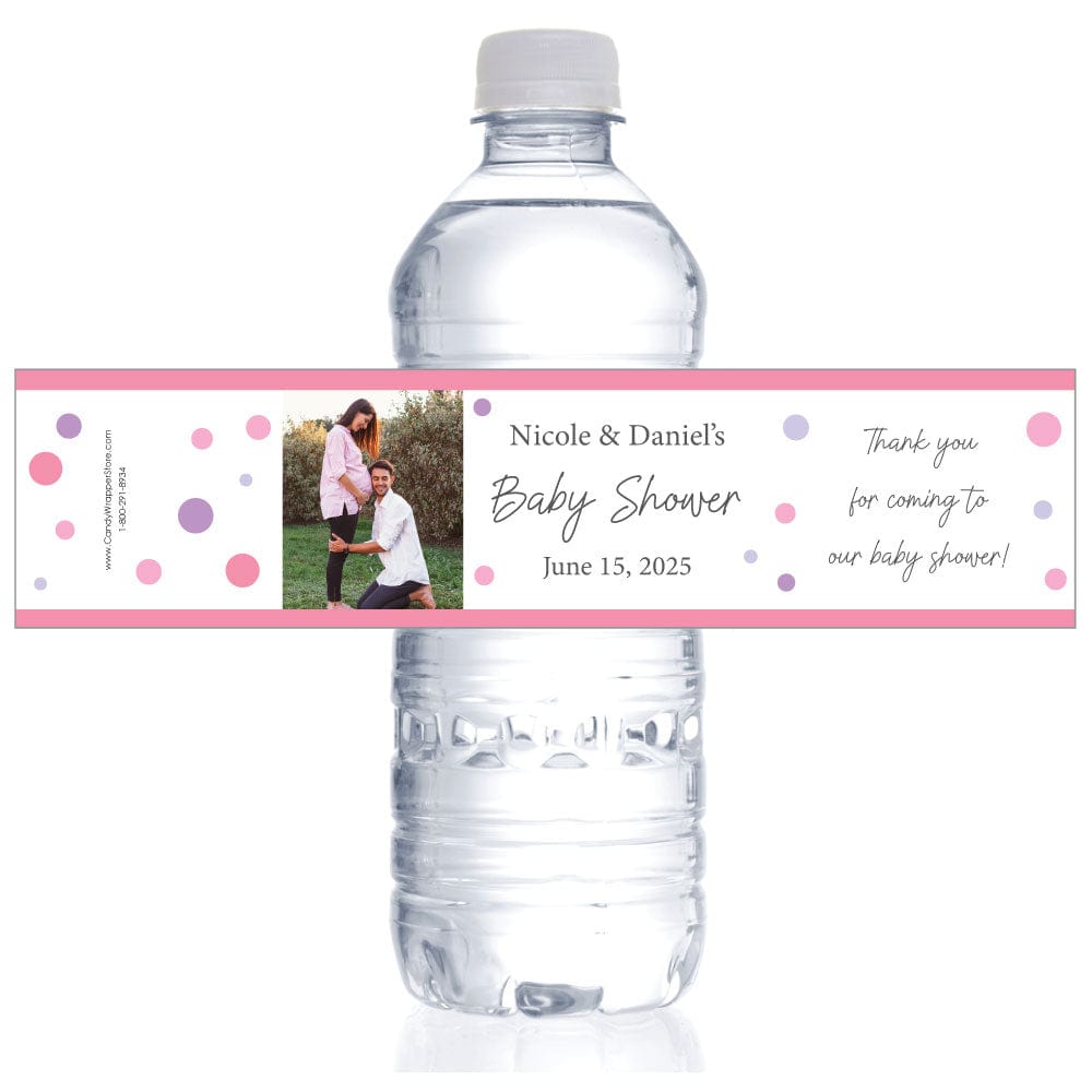 Baby Shower Pink Dots Photo Water Bottle Label - WBBS253pink Baby Shower Colorful Dots Photo Water Bottle Label Wedding Favors BS253