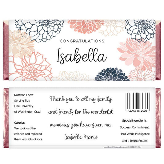 Blush and Navy Dahlias Graduation Candy Bar Wrappers Floral Color Block Graduation Candy Bar Wrappers Candy Wrappers GRAD214