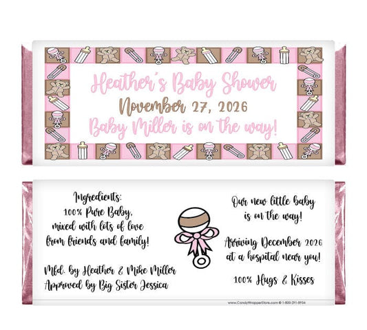 BS201PINK - Baby Shower Pink Border Candy Bar Wrappers Baby Shower Pink Border Candy Bar Wrappers Baby & Toddler BS201