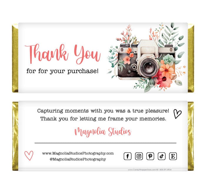 BUS218 - Floral Camera Photography Business Thank You Candy Wrapper Floral Camera Photography Business Thank You Candy Wrapper Party Favors BUS217