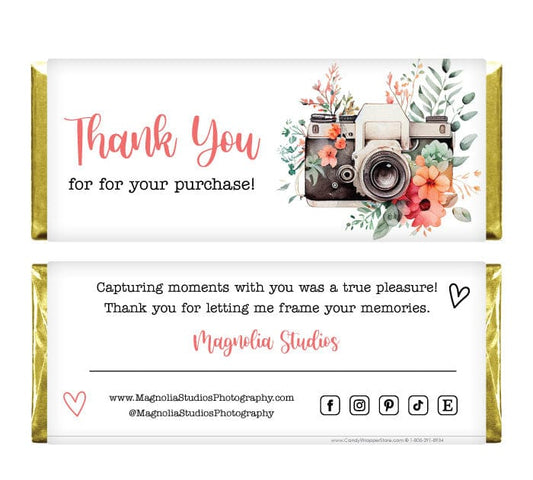 BUS218 - Floral Camera Photography Business Thank You Candy Wrapper Floral Camera Photography Business Thank You Candy Wrapper Party Favors BUS217
