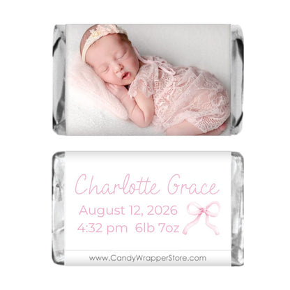 Croquette Bow Photo Miniature Birth Announcement Candy Bar Wrappers Pink Watercolor Croquette Bow Photo Miniature Birth Announcement Candy Bar Wrappers BAG201