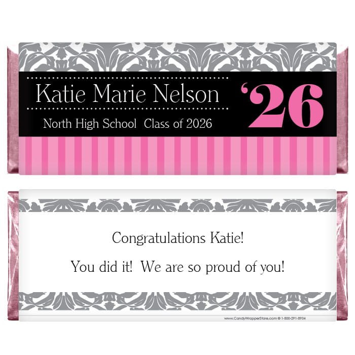 Elegant Damask and Stripes Graduation Candy Bar Wrapper Personalized Elegant Graduation Hershey's Candy Bar Wrapper Candy Wrappers GRAD221