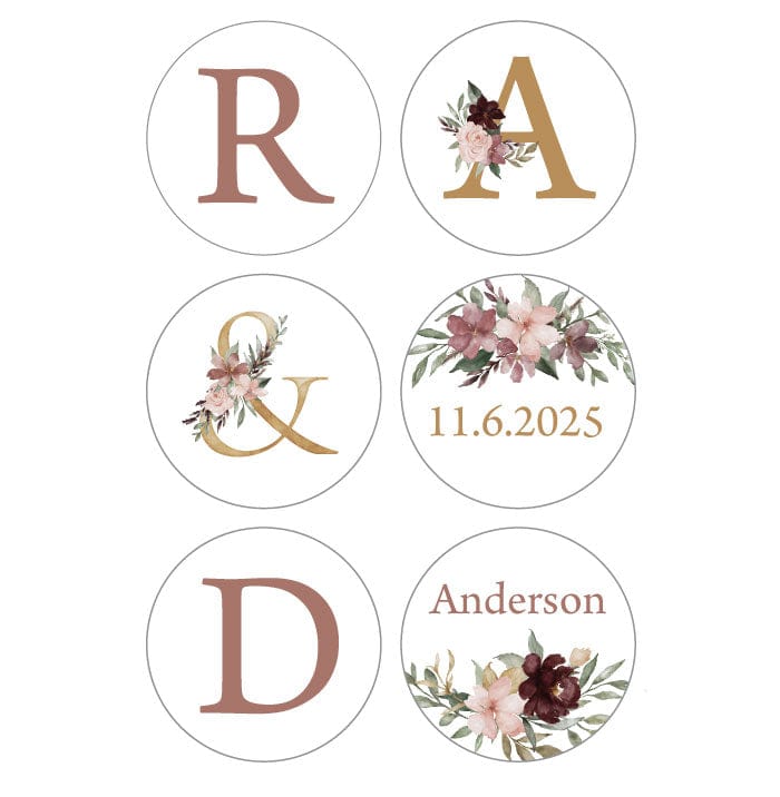 Floral Ampersand Watercolor Wedding Hershey's Kiss Stickers Set of 6 designs wa368