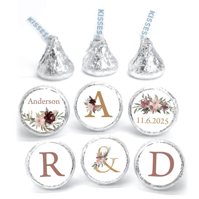 Floral Ampersand Watercolor Wedding Hershey's Kiss Stickers Set of 6 designs wa368