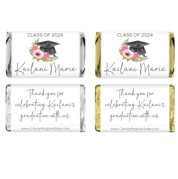 Floral Cap Graduation Miniature Candy Bar Wrappers - MINIGRAD266 Class of 2024 Dots Graduation Miniature Candy Bar Wrappers Party Favors grad