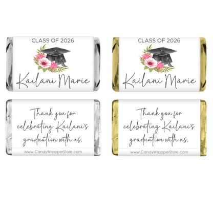 Floral Cap Graduation Miniature Candy Bar Wrappers - MINIGRAD266 Class of 2024 Dots Graduation Miniature Candy Bar Wrappers Party Favors grad