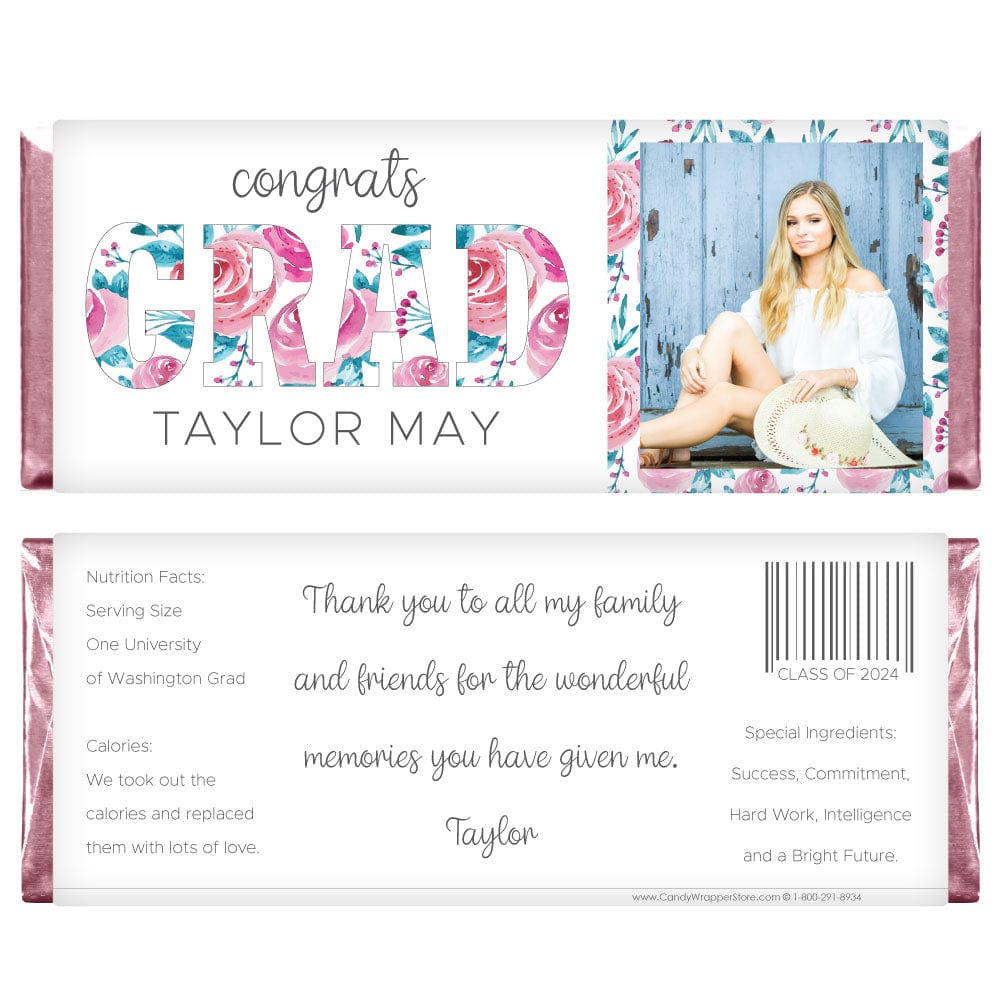 Floral Grad Class of 2024 Photo Graduation Candy Bar Wrappers Candy Wrappers GRAD220