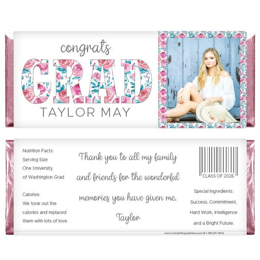 Floral Grad Class of 2026 Photo Graduation Candy Bar Wrappers Floral Grad Class of 2026 Photo Graduation Candy Bar Wrappers Candy Wrappers GRAD220