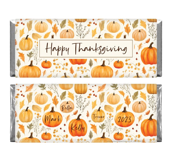 Happy Thanksgiving Name Pumpkins Candy Wrappers - THANKS216 Autumn Fall Leaves Thanksgiving Candy Wrappers THANKS215