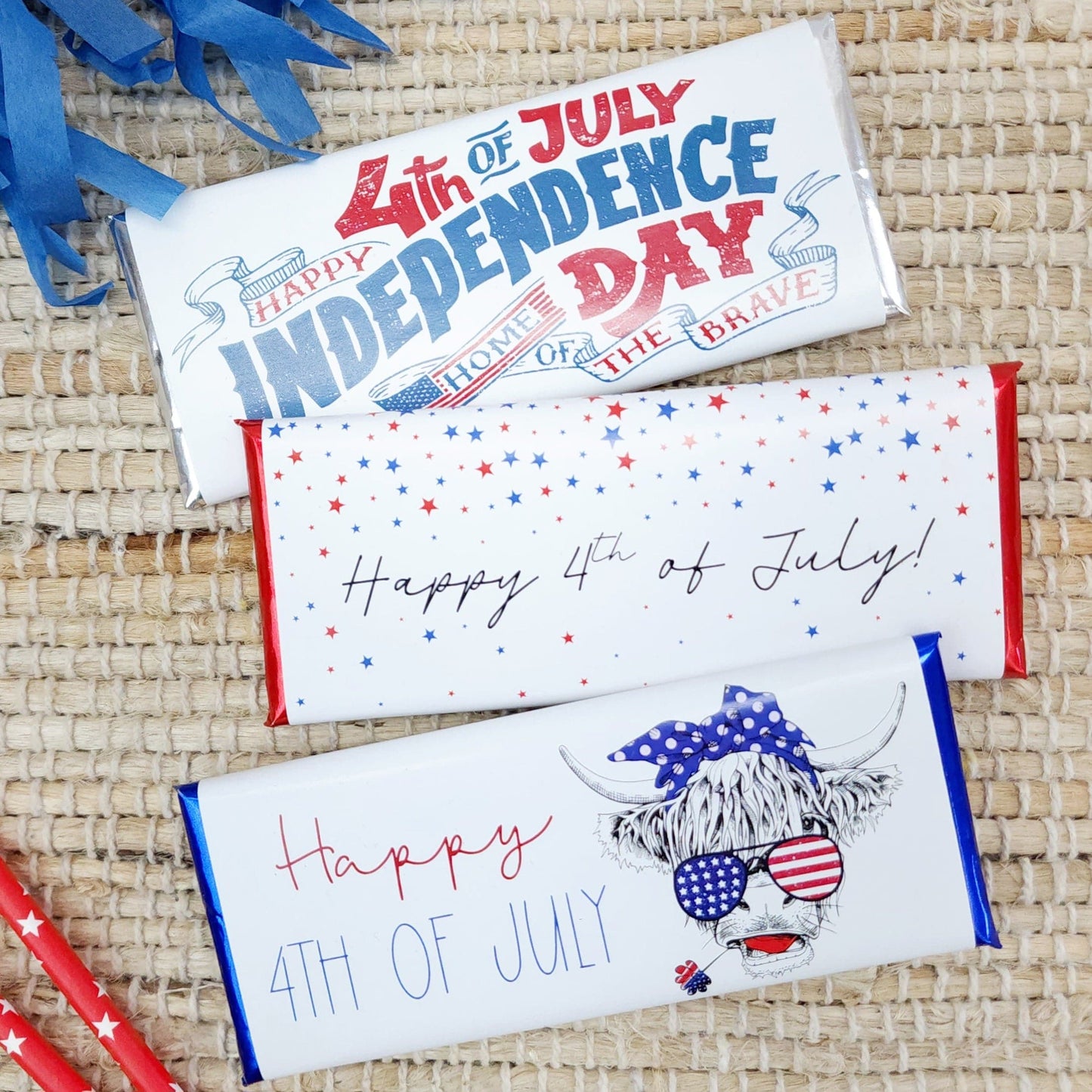IND210 - Red and Blue Falling Stars 4th of July Candy Bar Wrapper Watercolor Flag 4th of July Candy Bar Wrapper Candy Wrapper Store