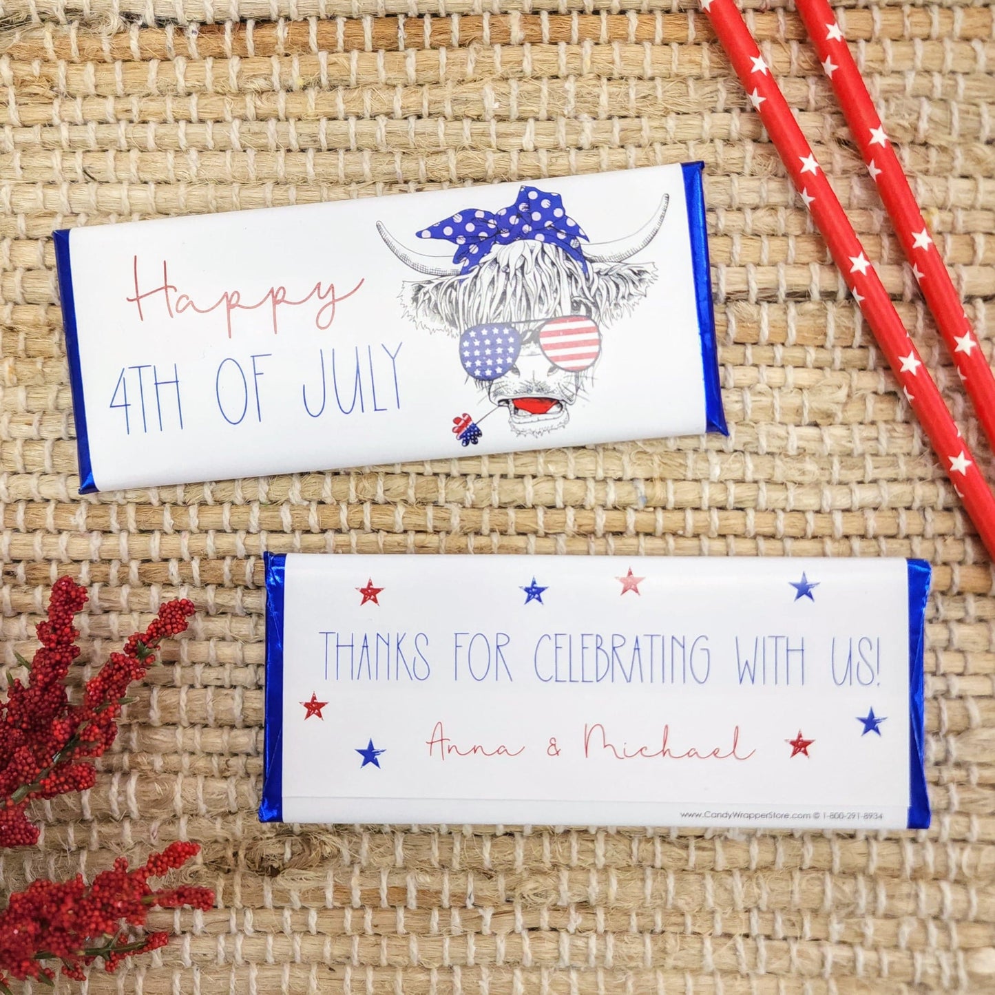 IND212 - Highland Cow 4th of July Candy Bar Wrapper Highland Cow 4th of July Candy Bar Wrapper Candy Wrapper Store