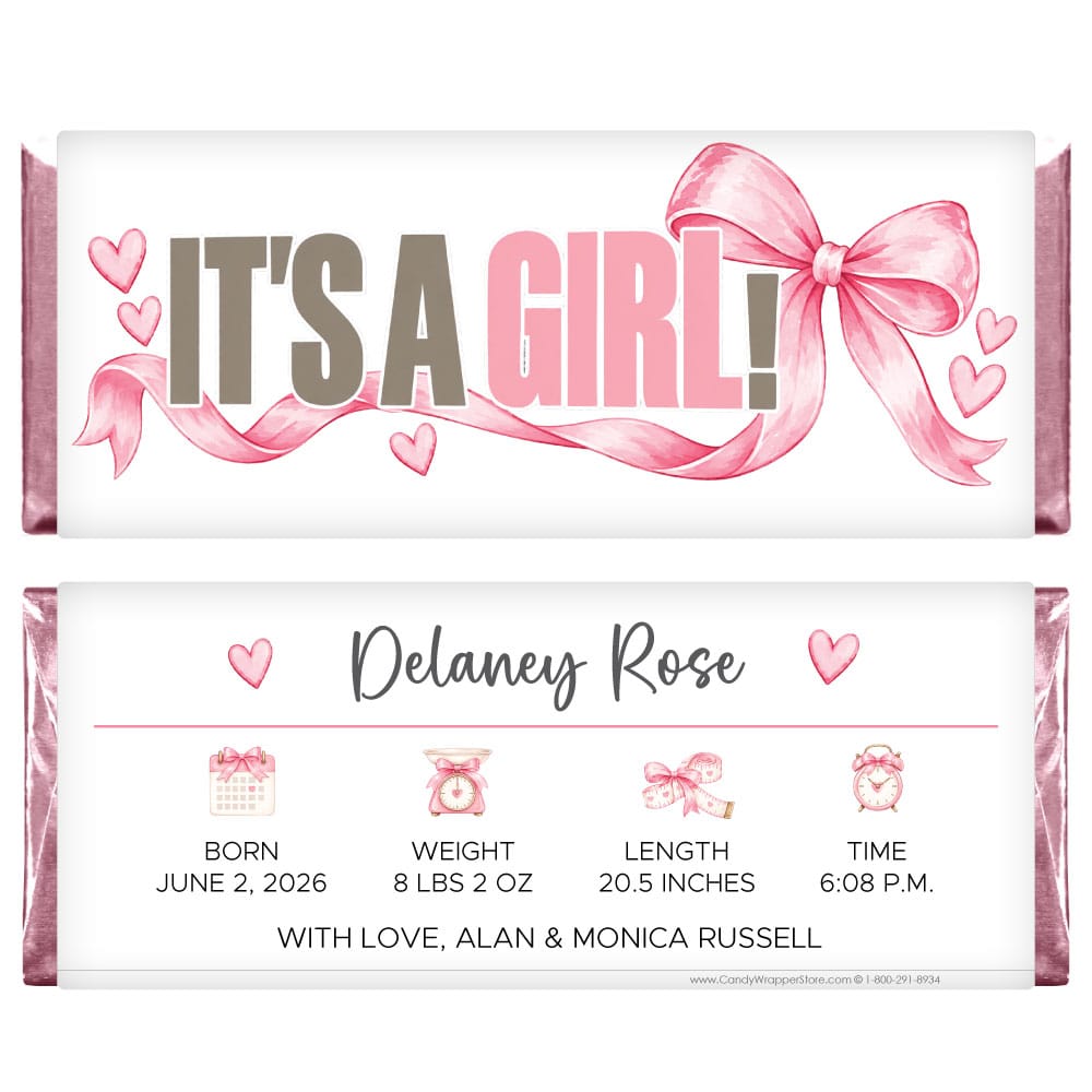 It's a Girl Watercolor Bow Birth Announcements Candy Bar Wrappers It's a Girl Watercolor Bow Birth Announcements Candy Bar Wrappers Birth Announcement BAG213