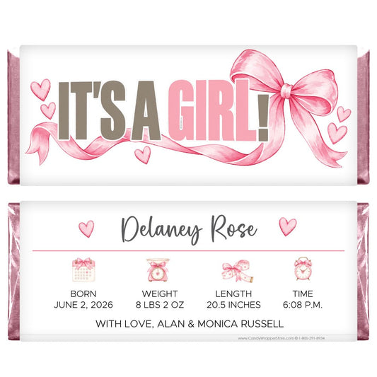 It's a Girl Watercolor Bow Birth Announcements Candy Bar Wrappers It's a Girl Watercolor Bow Birth Announcements Candy Bar Wrappers Birth Announcement BAG213