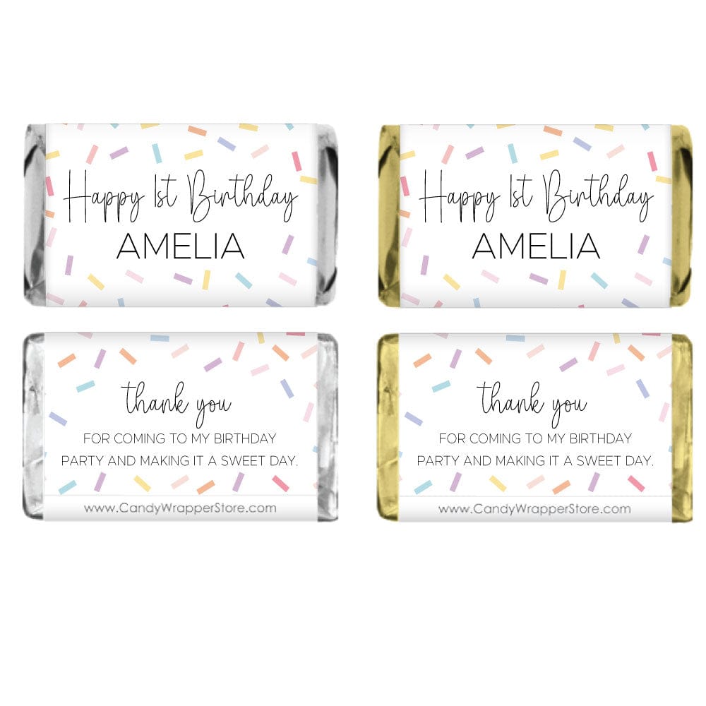 Miniature Pastel Sprinkles Personalized Birthday Candy Bar Wrapper Party Favors BD522