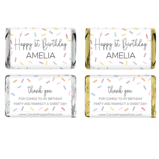 Miniature Pastel Sprinkles Personalized Birthday Candy Bar Wrapper Party Favors BD522