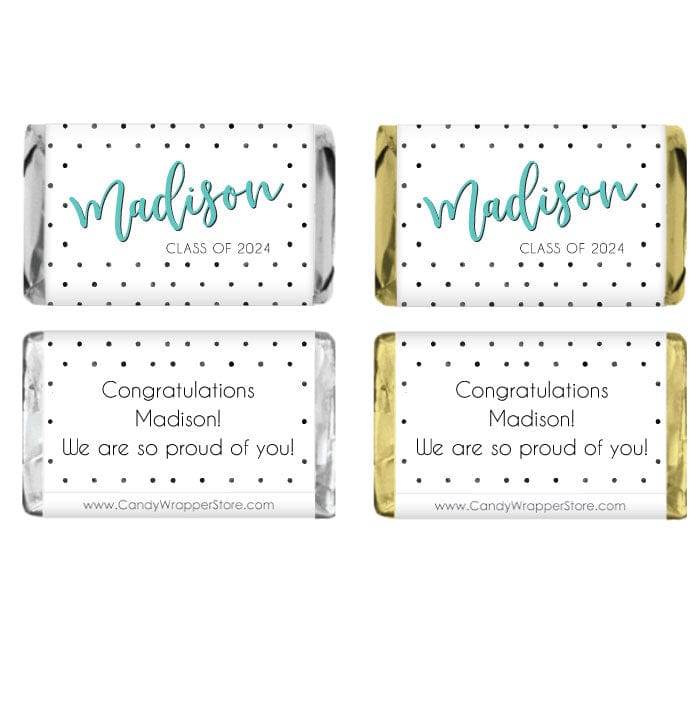 MINIGRAD360 - Personalized Polka Dots Graduation Miniature Candy Bar Wrappers Miniature Scribble Graduation Hat Candy Bar Wrappers Party Favors grad262