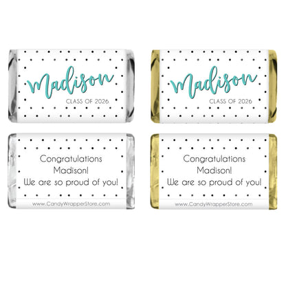 MINIGRAD360 - Personalized Polka Dots Graduation Miniature Candy Bar Wrappers Miniature Scribble Graduation Hat Candy Bar Wrappers Party Favors grad262