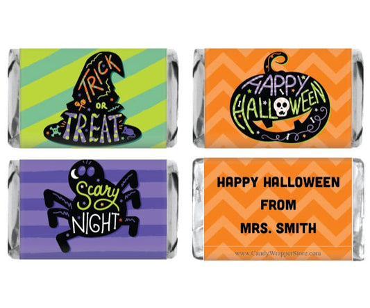 MINIHALPACK5 - Miniature Halloween Set of 3 - Witch Hat, Pumpkin, Spider Witch Hat, Pumpkin, Spider candy bar wrappers for Hershey's miniatures candy bars Party Supplies HALPACK