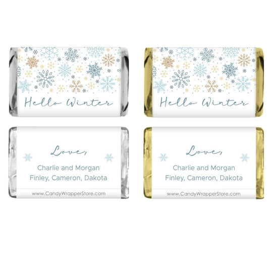 MINIXMAS294 - Hello Winter Simple Snowflakes Personalized Miniature Candy Wrapper Personalized Silver and Gold Leaves Holiday Miniature Candy Wrapper Candy & Chocolate XMAS294