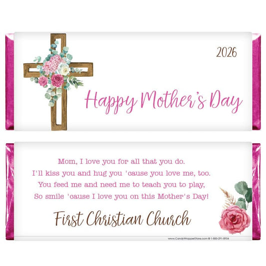 Mother's Day Floral Cross Personalized Candy Bar Wrappers Mother's Day Floral Cross Personalized Candy Wrappers 1.55 oz Candy Wrappers md200