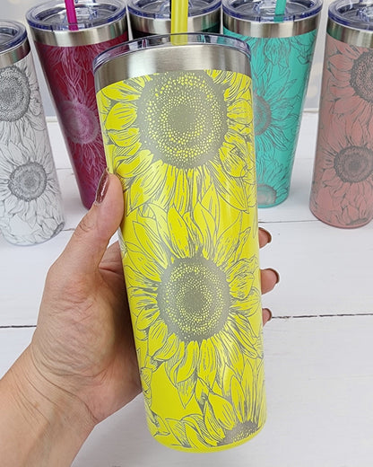 Personalized Engraved Sunflower 22oz Tumbler with matching straw and slider lid Mugs Candy Wrapper Store