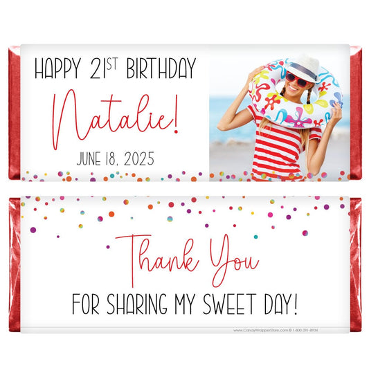 Photo Trendy Script Birthday Candy Bar Wrapper - BD527 Personalized Photo Pastel Birthday Candy Bar Wrapper Candy Wrappers BD526