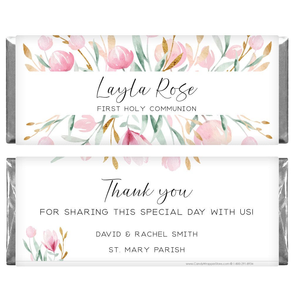 Pink Candy Rapper Pink Floral and Gold Cross Religious Candy Bar Wrappers – Candy Wrapper ...