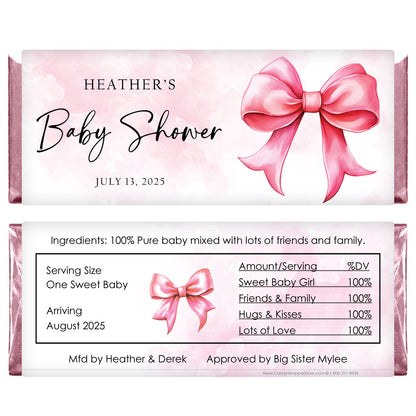 Pink Bows Baby Shower Candy Bar Wrappers - BS310 Pink Bows Baby Shower Personalized Candy Bar Wrappers for Hershey's 1.55oz Candy Bars.&nbsp;    Shown with PInk Foil Baby & Toddler BS310