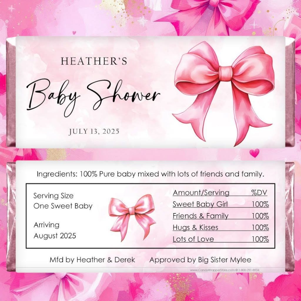 Pink Bows Baby Shower Candy Bar Wrappers - BS310 Pink Bows Baby Shower Personalized Candy Bar Wrappers for Hershey's 1.55oz Candy Bars.&nbsp;    Shown with PInk Foil Baby & Toddler BS310