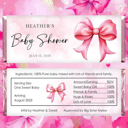 Pink Bows Baby Shower Candy Bar Wrappers - BS310 Pink Bows Baby Shower Personalized Candy Bar Wrappers for Hershey's 1.55oz Candy Bars.&nbsp;    Shown with PInk Foil Baby & Toddler BS310