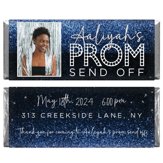 Prom Send Off Blue and Silver Glitter Personalized Candy Bar Wrapper Prom