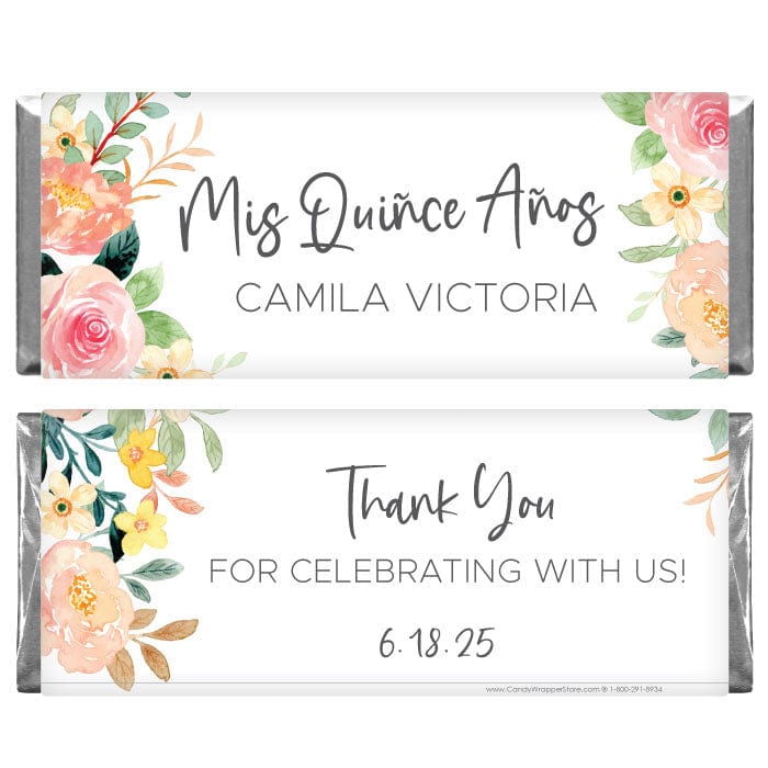Quinceanera Watercolor Floral Candy Bar Wrappers - QUIN215 Quinceanera Watercolor Dress Candy Bar Wrappers Party Favors QUIN214