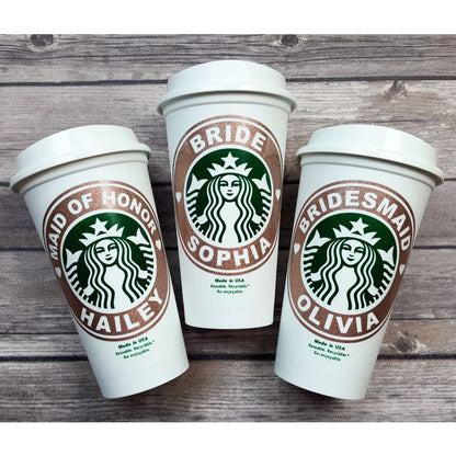 Starbucks Bridal Party Custom Vinyl Decal or Vinyl Decal on Authentic Starbucks Reusable Cup Starbucks Bridal Party Custom Vinyl Decal or Vinyl Decal on Authentic Starbucks Reusable Cup - w/ Free Ring Decal for Lid Party Favors starbucks