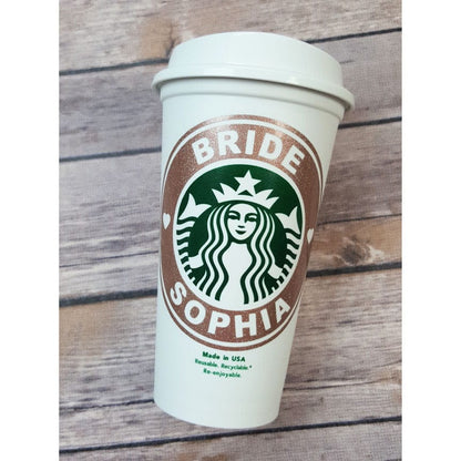 Starbucks Bridal Party Custom Vinyl Decal or Vinyl Decal on Authentic Starbucks Reusable Cup Starbucks Bridal Party Custom Vinyl Decal or Vinyl Decal on Authentic Starbucks Reusable Cup - w/ Free Ring Decal for Lid Party Favors starbucks
