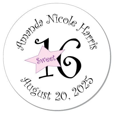 Round sticker with 'Sweet 16' design featuring the name