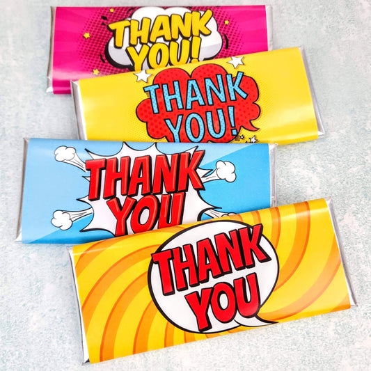 TY218 - Assortment of 4 Styles of Thank You Comic Style Candy Bar Wrapper Assortment of 4 Styles of Thank You Comic Style Candy Bar Wrapper Candy Wrappers TY218