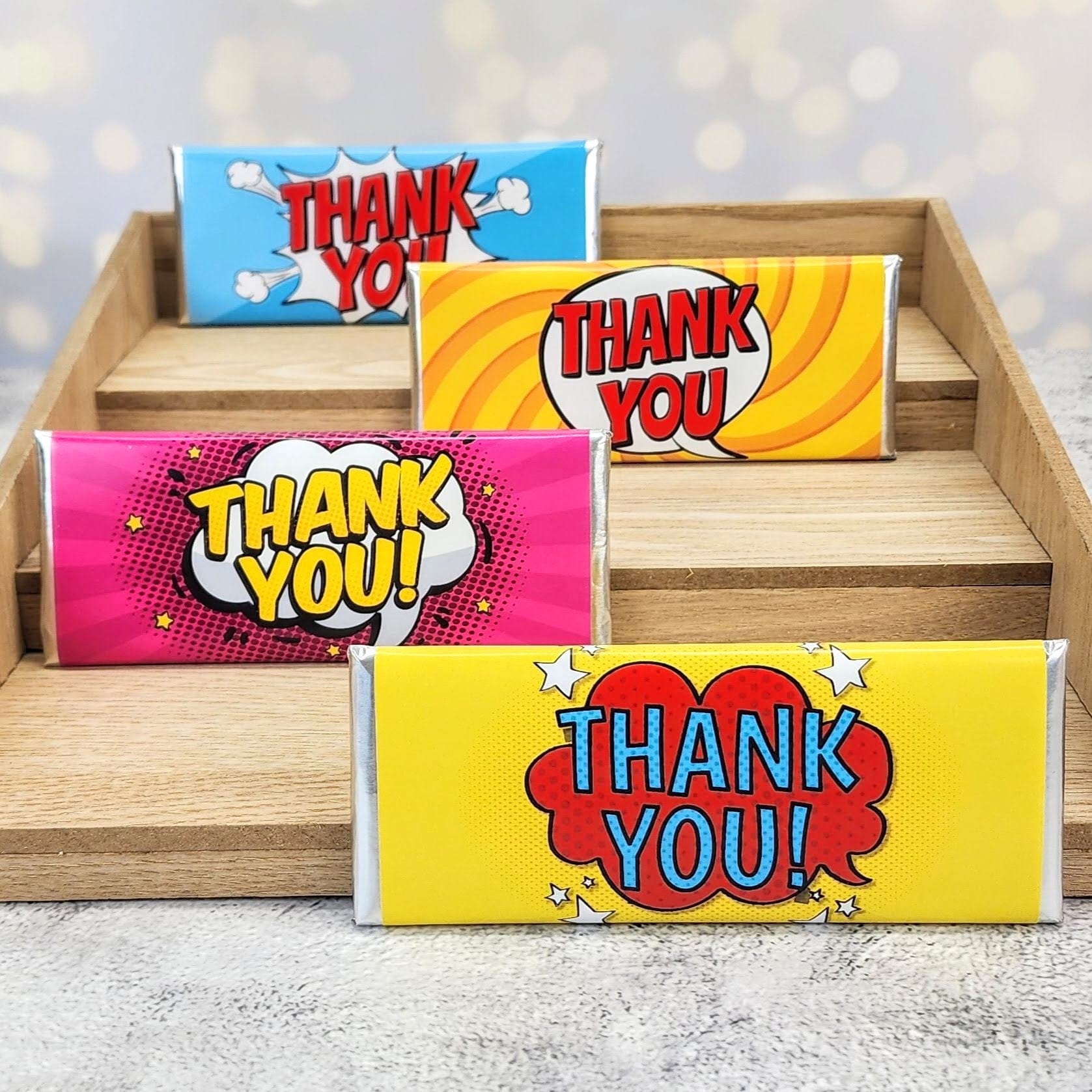 TY218 - Assortment of 4 Styles of Thank You Comic Style Candy Bar Wrapper Assortment of 4 Styles of Thank You Comic Style Candy Bar Wrapper Candy Wrappers TY218