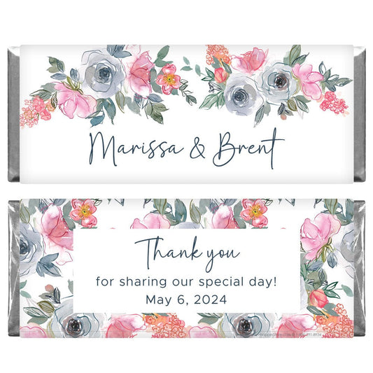 Watercolor Dusty Blue and Blush Floral Wedding Candy Bar Wrapper Wedding Favors WA405