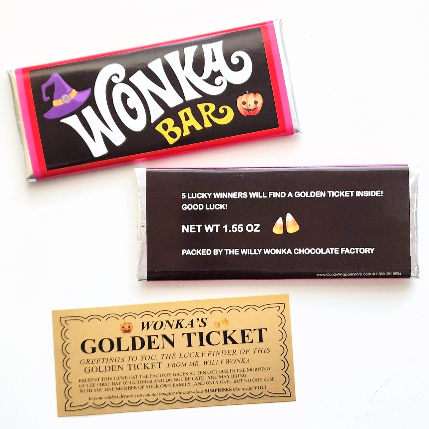 Witch Hat Wonka Bar Halloween Candy Wrapper and Golden Ticket Party Favors wonka