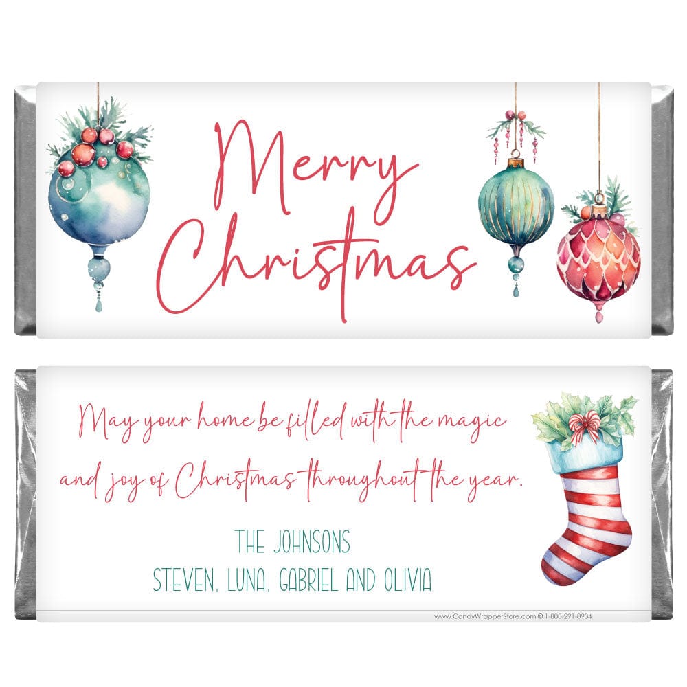 XMAS297 - Vintage Ornaments Merry Christmas Personalized Candy Bar Wrapper Merry Christmas Festive Pink Personalized Candy Bar Wrapper XMAS295