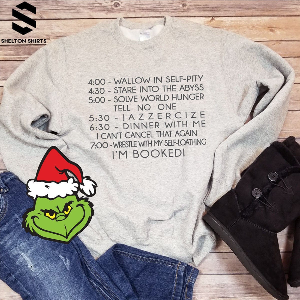 4:00 Wallow in Self Pity Daily Routine The Grinch Quote Crew Neck Heather Grey Unisex Sweatshirt Shelton Shirts