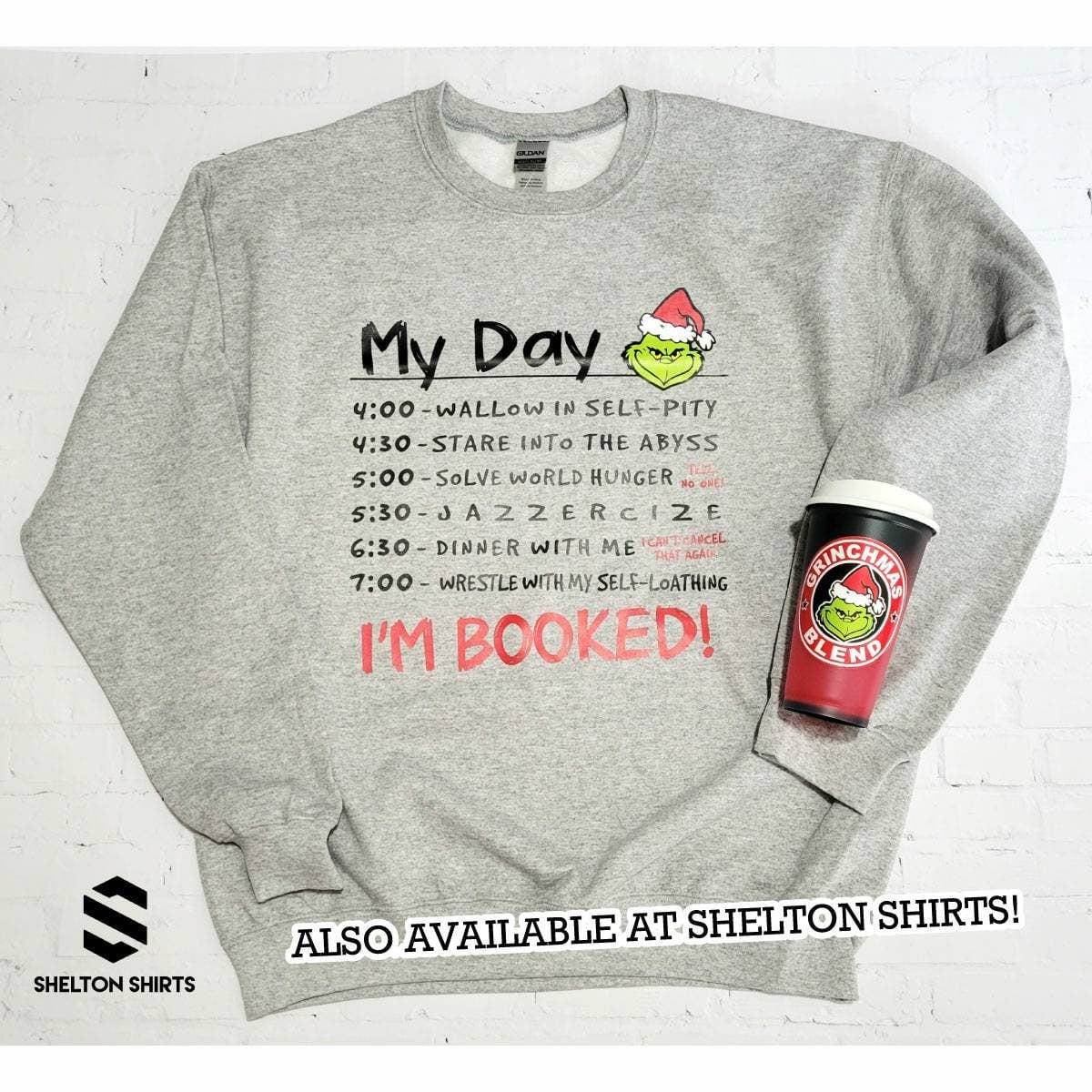4:00 Wallow in Self Pity Daily Routine The Grinch Quote Crew Neck Heather Grey Unisex Sweatshirt Shelton Shirts