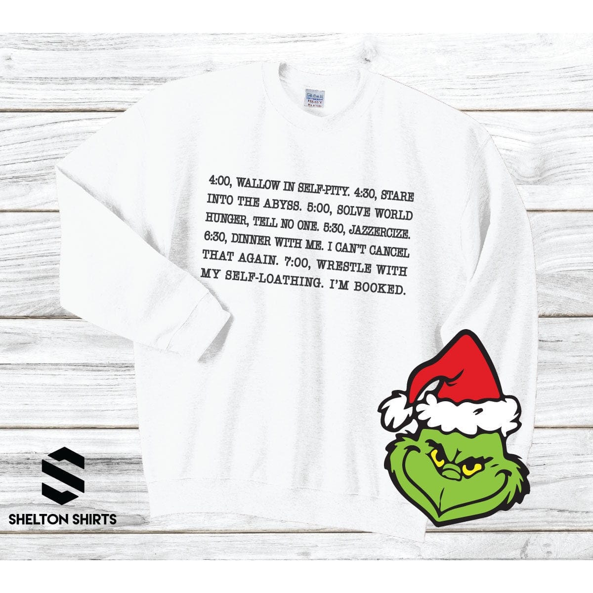 4:00 Wallow in Self Pity Daily Routine The Grinch Quote Super Comfy Crew Neck Heather Grey Unisex Sweatshirt Shelton Shirts