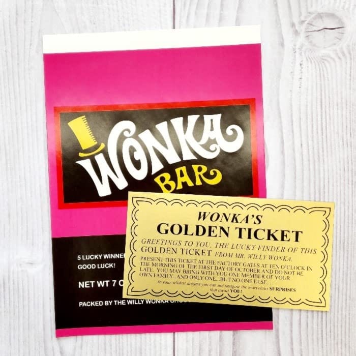 7 oz Wonka Bar Candy Wrapper and Golden Ticket Party Favors wonka
