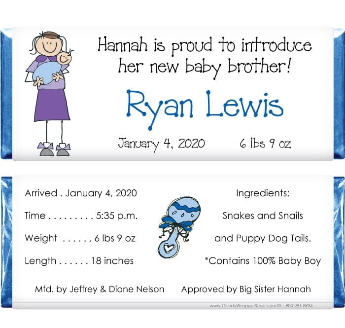 BAB210 - Baby Boy Big Sister Candy Bar Wrappers Baby Boy Big Sister Candy Bar Wrapper
Big Sister announcing Baby Brother Birth Announcement 1.55 oz Hersheys Candy Bar Wrappers Birth Announcement BAB210