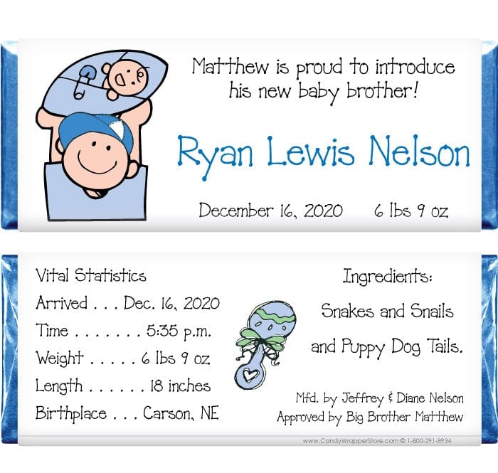 BAB217 - Baby Boy Big Brother Candy Bar Wrappers Big brother announcing his new baby brother custom candy bar wrapper. Baby & Toddler BAB217