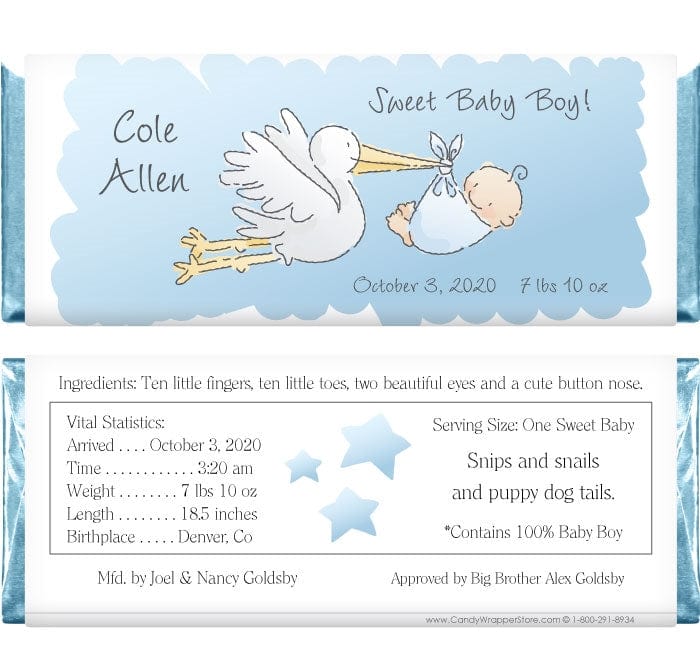 BAB222 - Baby Boy Stork Candy Bar Wrappers Baby Boy Stork Candy Bar Wrappers Birth Announcement BAB222