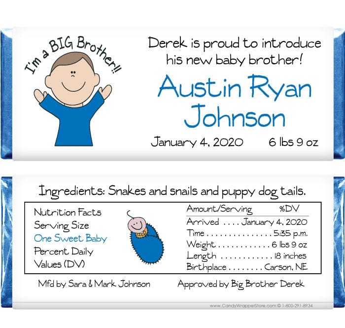 BAB224 - Baby Boy Big Brother Candy Bar Wrappers Baby boy and big brother birth announcement candy bar wrapper Birth Announcement BAB224