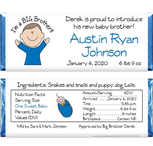 BAB224 - Baby Boy Big Brother Candy Bar Wrappers Baby boy and big brother birth announcement candy bar wrapper Birth Announcement BAB224